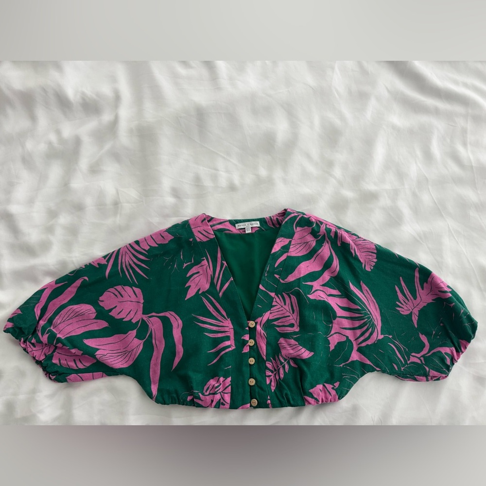 Maison d’Amelie linen blend green and pink midi skirt and cropped top set - Picture 3 of 10